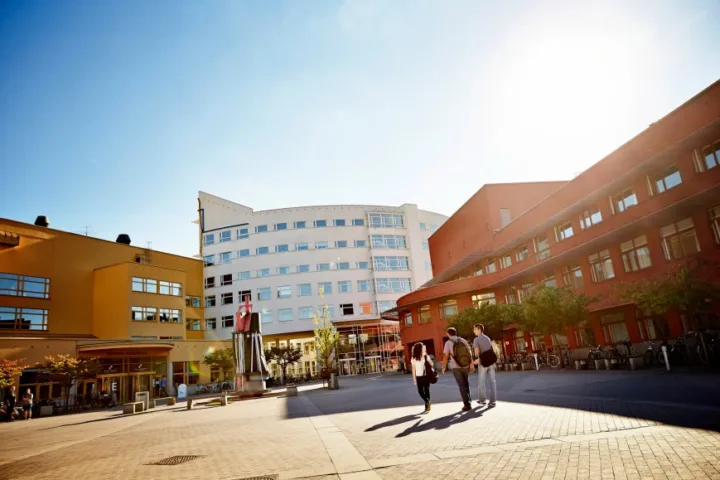 Traja študenti kráčajú po námestí kampusu Jönköping University medzi žltou, bielou a červenou budovou